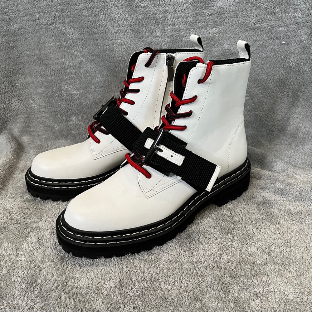 Cecilia New York Hayden leather combat boots white with black red details size 7